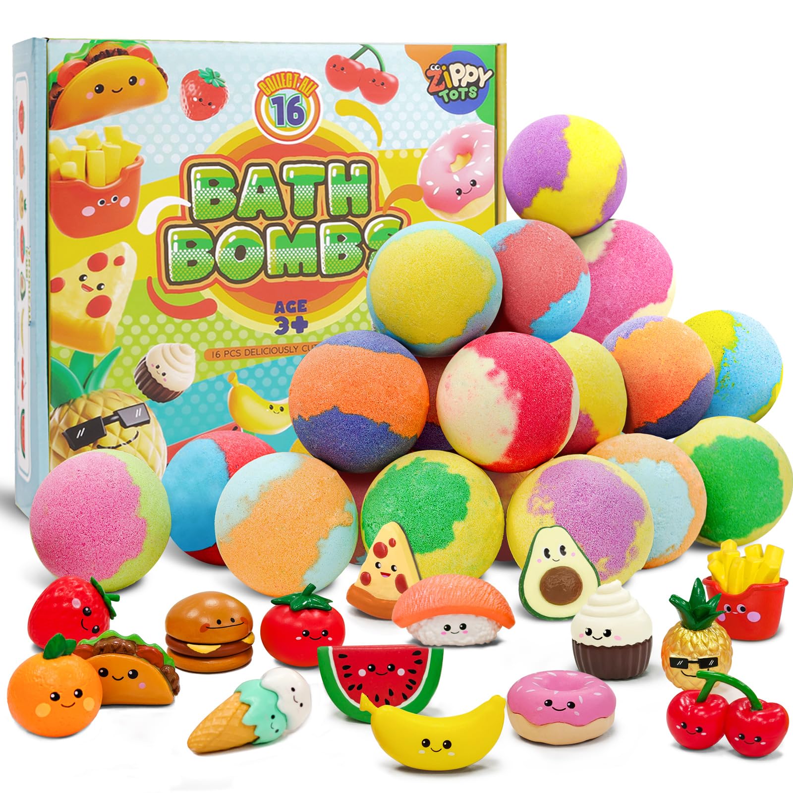 Zippytots 16-pack surprise box – colorful bath bombs for safe, playful bath time.