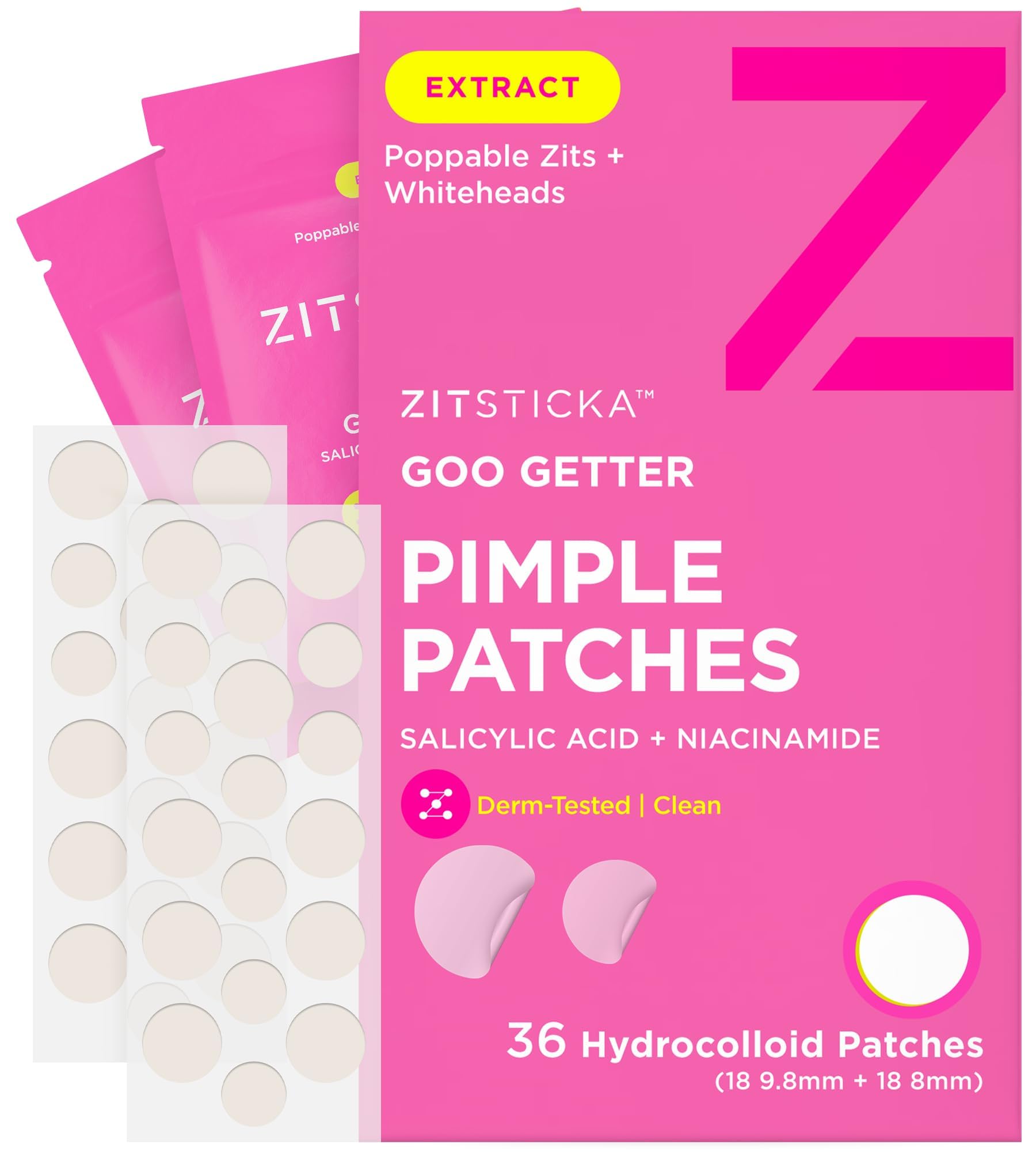 ZitSticka GOO GETTER 36-pack box shows convenient zit care coverage