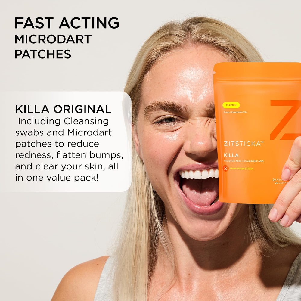 ZitSticka KILLA patch highlighting hyaluronic acid and salicylic acid ingredients.
