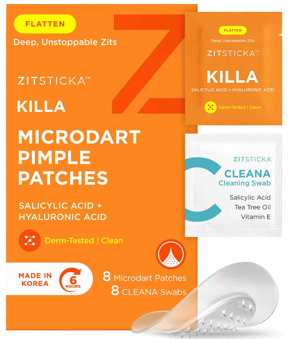 ZitSticka KILLA patch close-up on skin showing microdarts delivering fast-acting zit care.