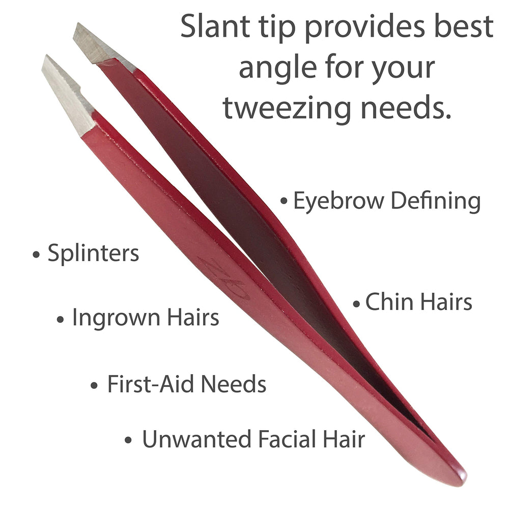 Zizzili Basics slant-tip tweezers close-up for confident grip on fine facial hairs.