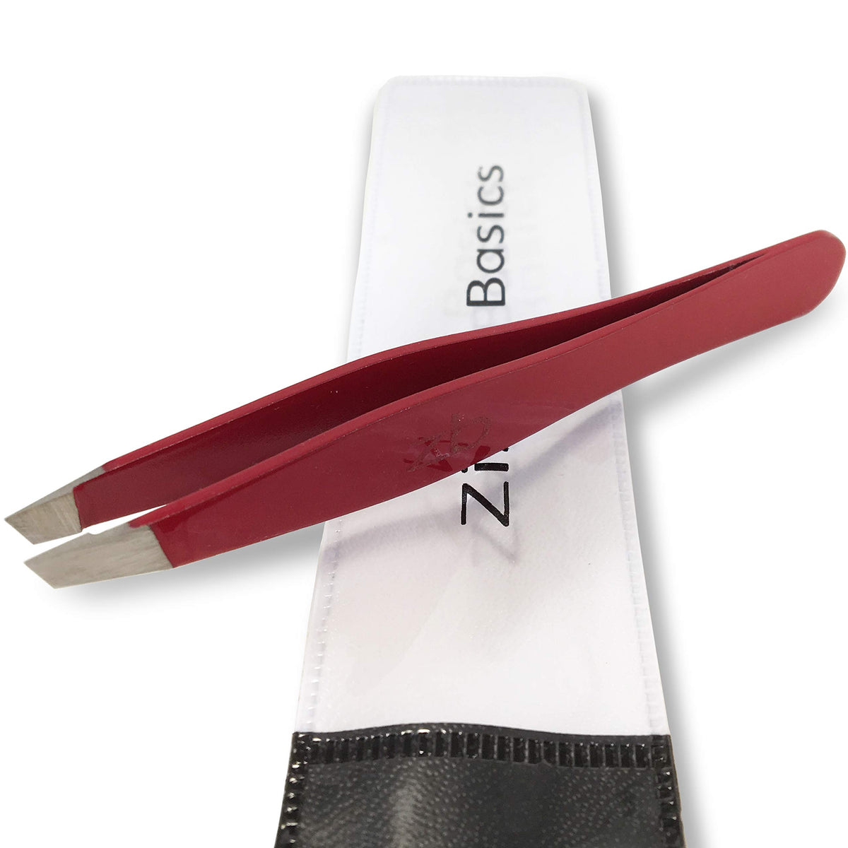 Zizzili Basics ruby red tweezers with surgical-grade stainless steel for precise brow shaping.