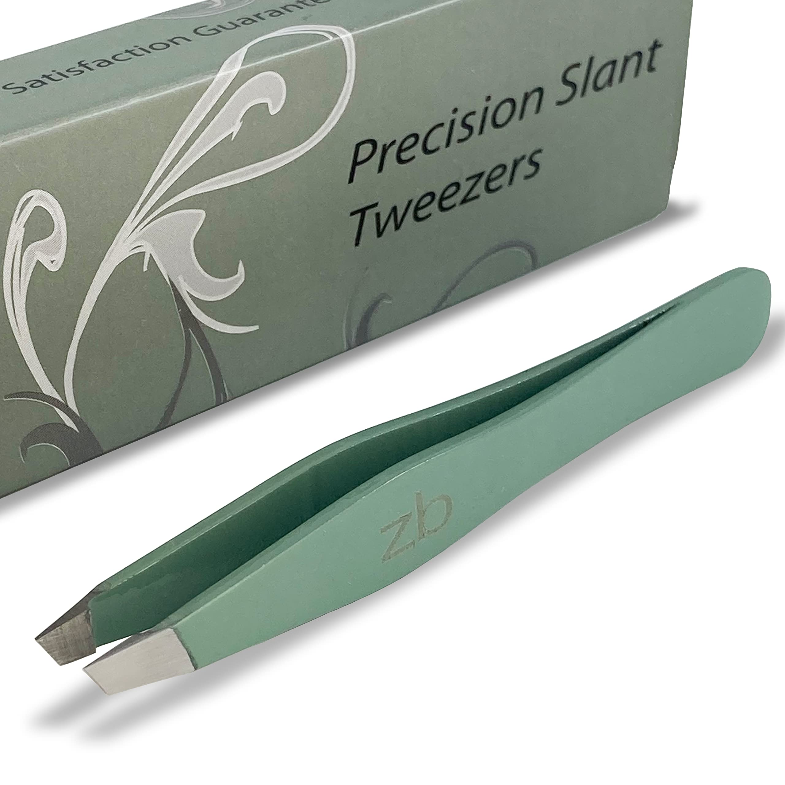 Zizzili Basics tweezers with surgical-grade stainless steel and slant tip in Sage for precise eyebrow shaping.
