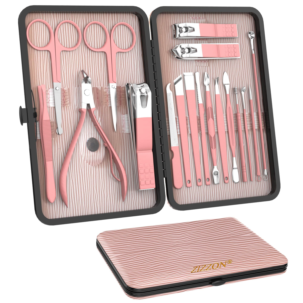 ZIZZON Manicure Set in pink leather travel case for quick grooming on the go.