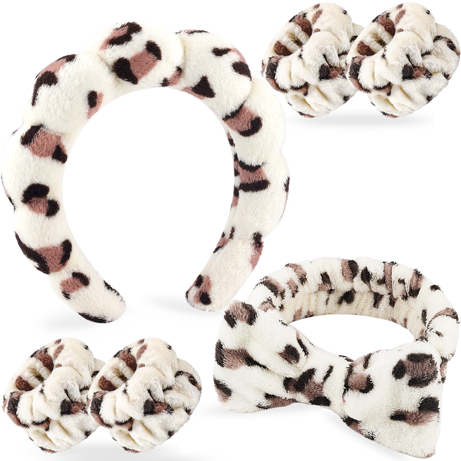 Zkptops spa headband beige leopard close-up showing plush sponge for gentle face washing
