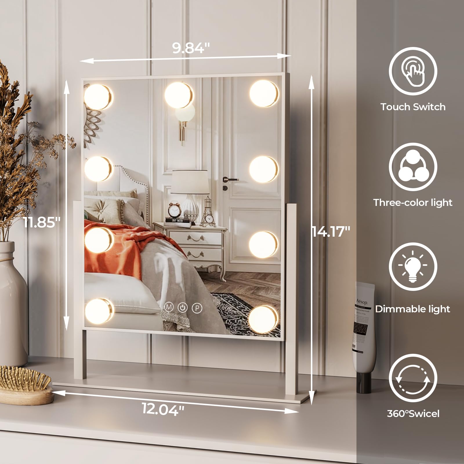 ZL ZELing vanity mirror side angle demonstrating 360-degree rotation for flexible viewing