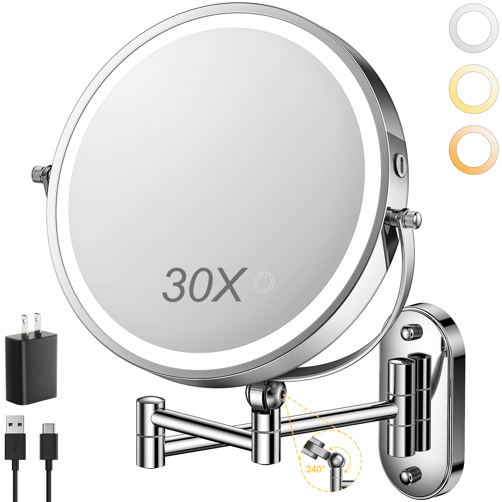 ZLOKLA 9-inch wall-mount makeup mirror front view showing flexible arm for easy makeup