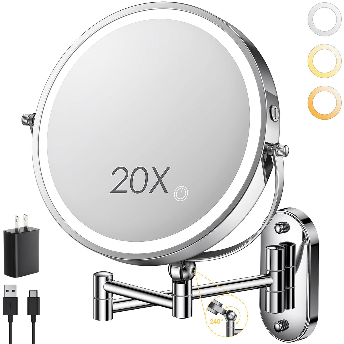 ZLOKLA 9-inch wall-mounted makeup mirror front view with adjustable lighting for flawless makeup prep.