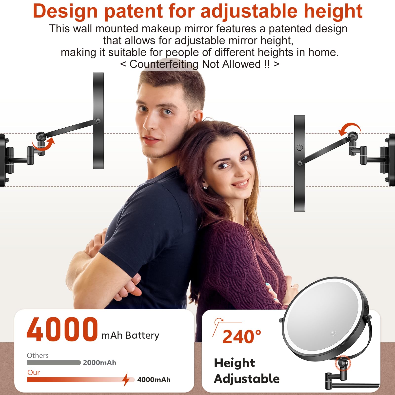 ZLOKLA wall-mounted makeup mirror showing 360° rotation for flexible viewing angles