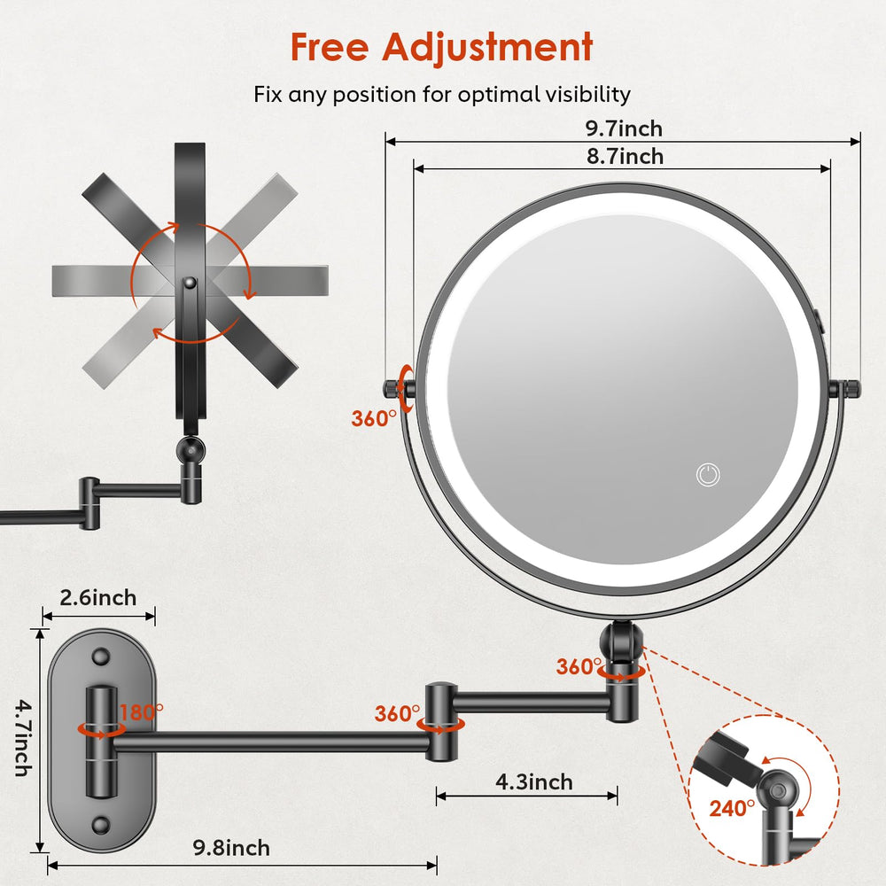 ZLOKLA wall-mounted makeup mirror with extended arm demonstrating adjustable reach for easy makeup or shaving