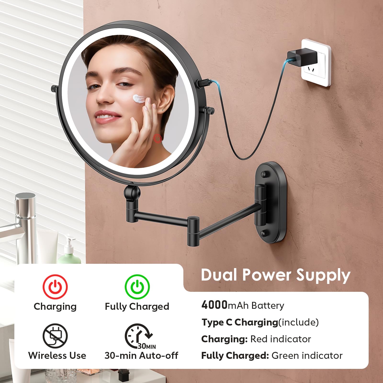 ZLOKLA wall-mounted mirror with three-color dimmable lighting for versatile makeup environments