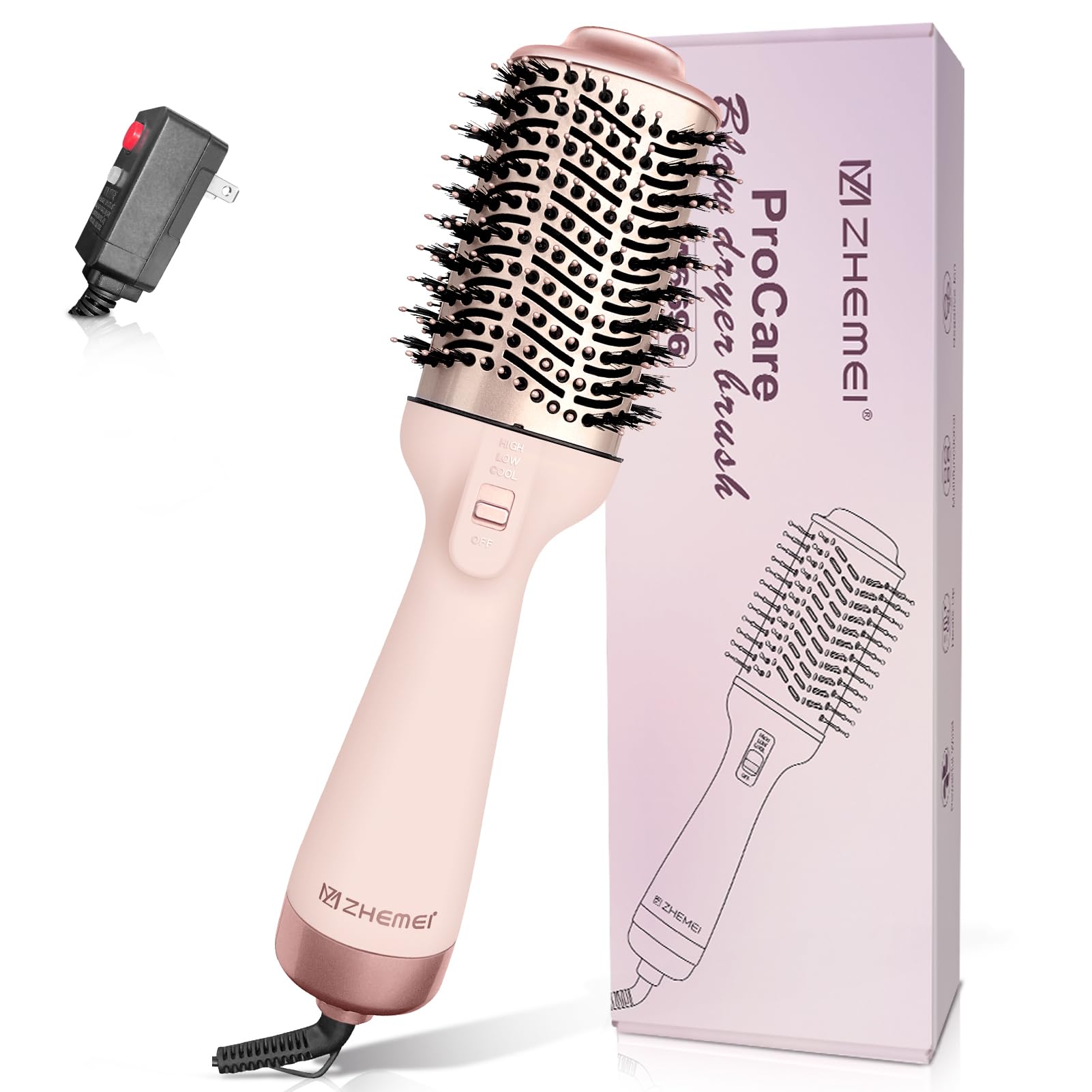 ZM ZHEMEI 1300W hair dryer brush front view for quick drying and smooth results