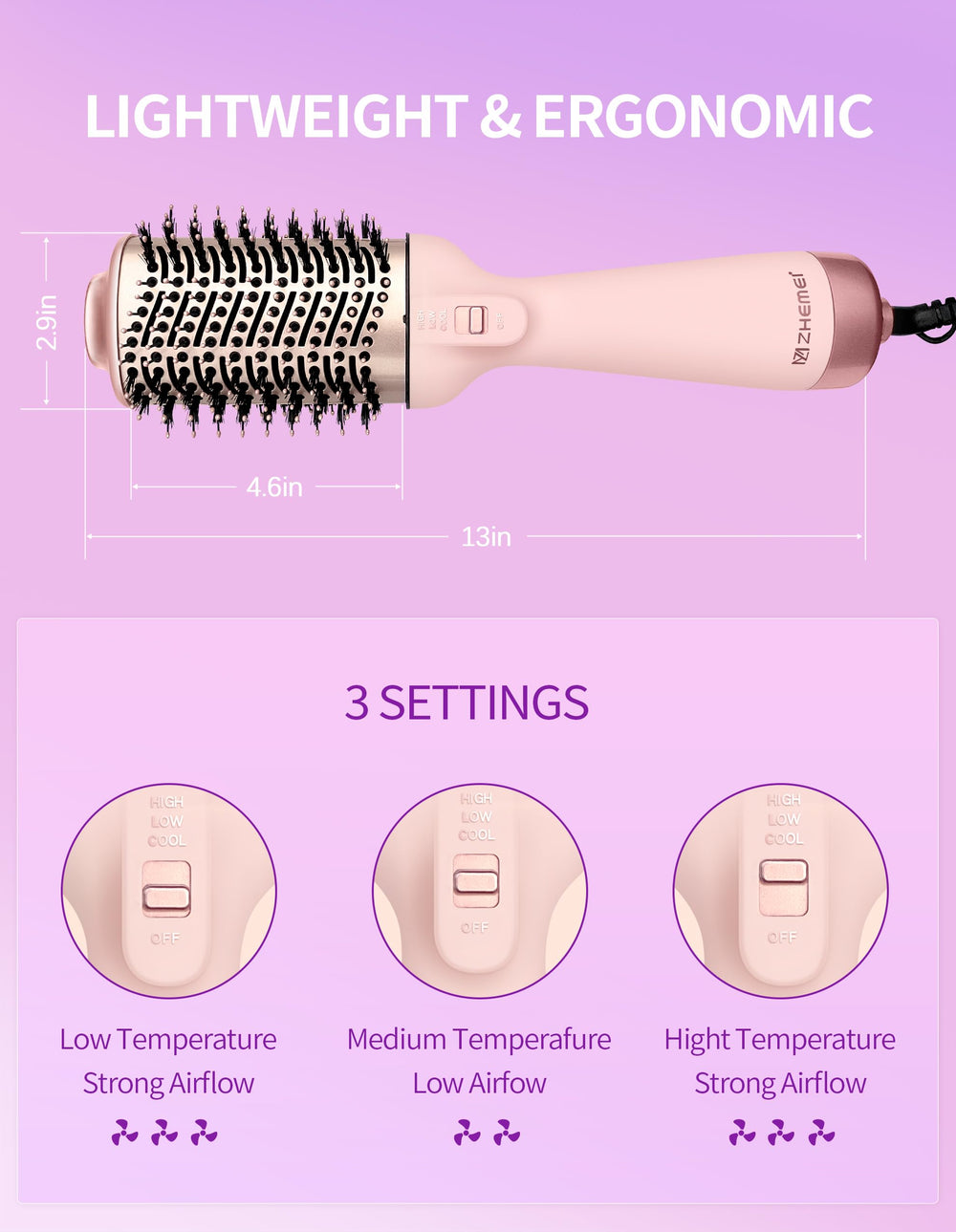 ZM ZHEMEI 1300W hair dryer brush oval bristle head for detangling and soft hair