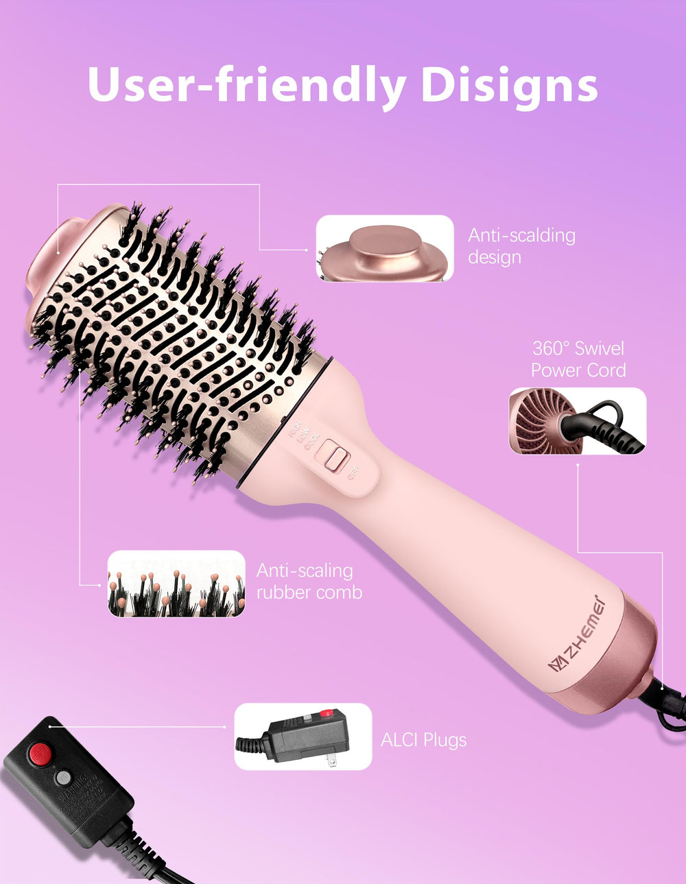 ZM ZHEMEI 1300W hair dryer brush rose gold finish for premium aesthetics