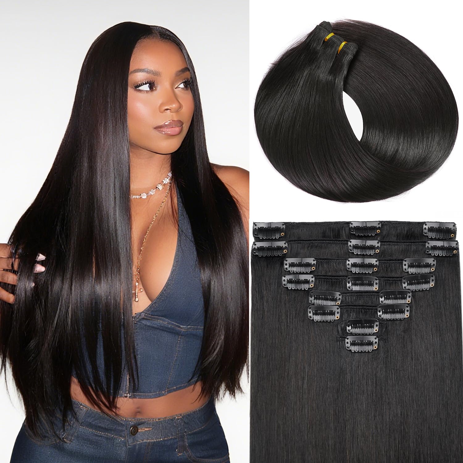ZNXDJXE clip-in extensions in natural black add effortless volume for daily styling.