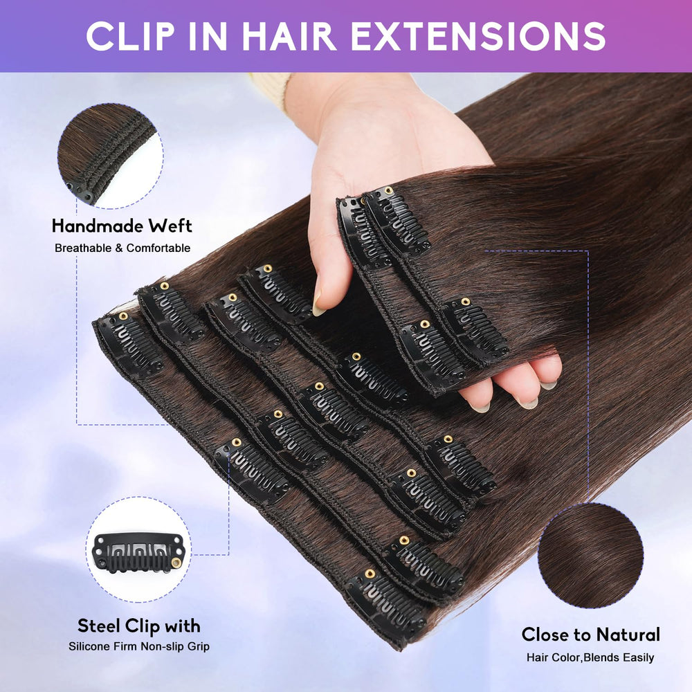 ZNXDJXE dark brown clip-in extensions closeup weft highlights double-layer durability and natural sheen.