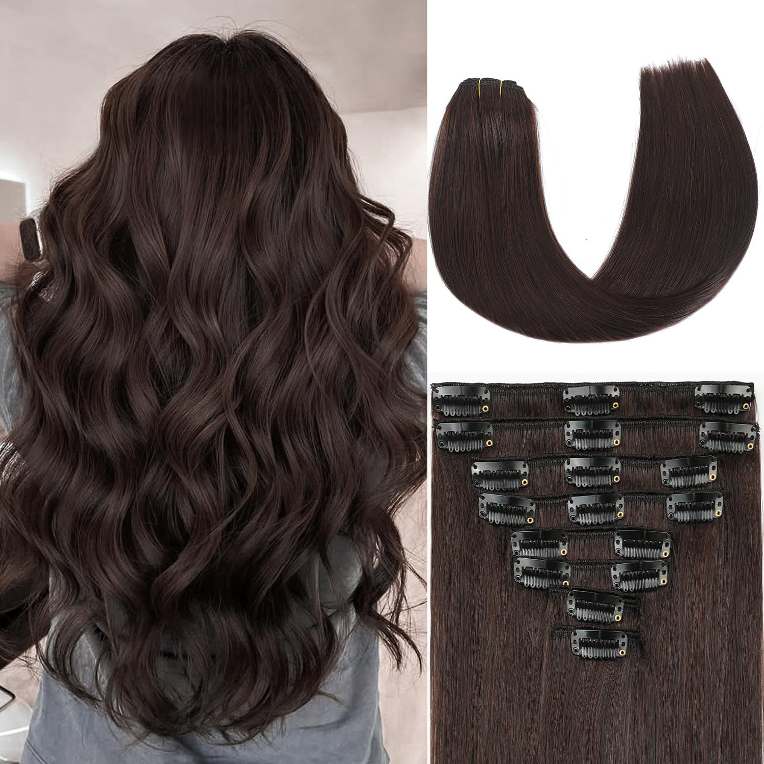 ZNXDJXE dark brown clip-in extensions pack shows seamless long volume for everyday styling.