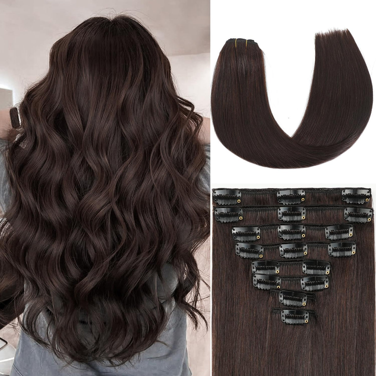 ZNXDJXE dark brown clip-in extensions pack shows seamless long volume for everyday styling.
