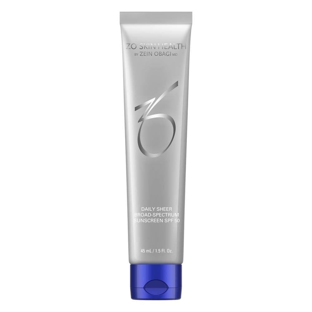 ZO Skin Health Daily Sheer SPF 50 bottle shows non-greasy, hydrating protection