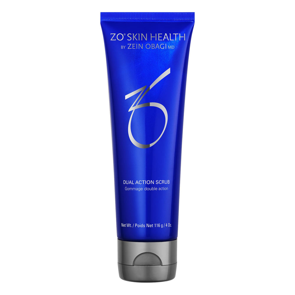 ZO SKIN HEALTH Dual Action Scrub bottle—supports gentle exfoliation for clearer-looking skin.