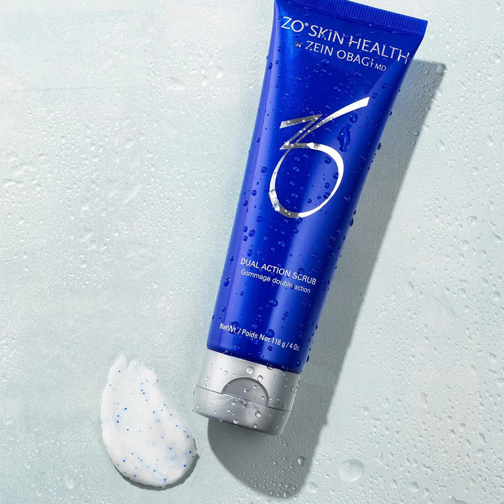 ZO SKIN HEALTH Dual Action Scrub packaging—balances surface oils for calm, comfortable skin.