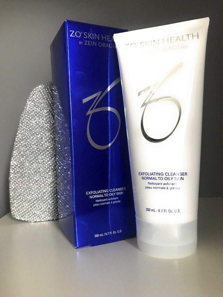 ZO Skin Health Exfoliating Cleanser bottle showing gentle cleansing and oil control benefits
