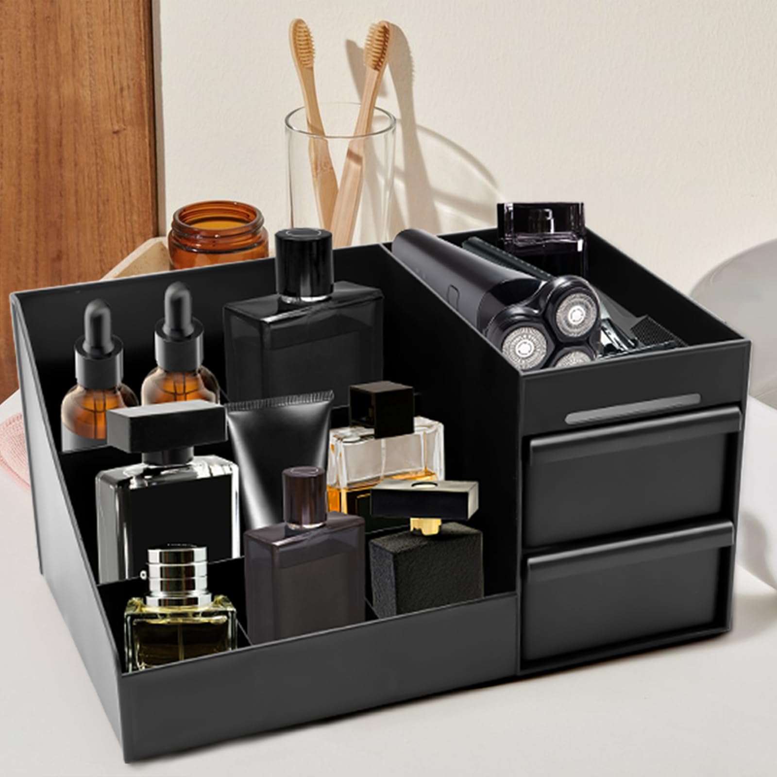 ZOCONE Cologne Organizer with drawers open shows ample storage for cosmetics and skincare.