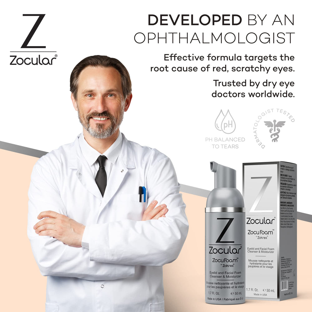 Zocular ZocuFoam close up eyelids shows buildup removal and fresh sensation