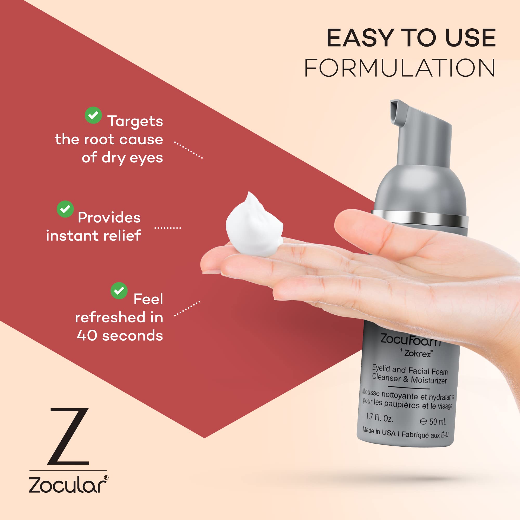 Zocular ZocuFoam dry eyes with sensitive skin close up shows soothing relief