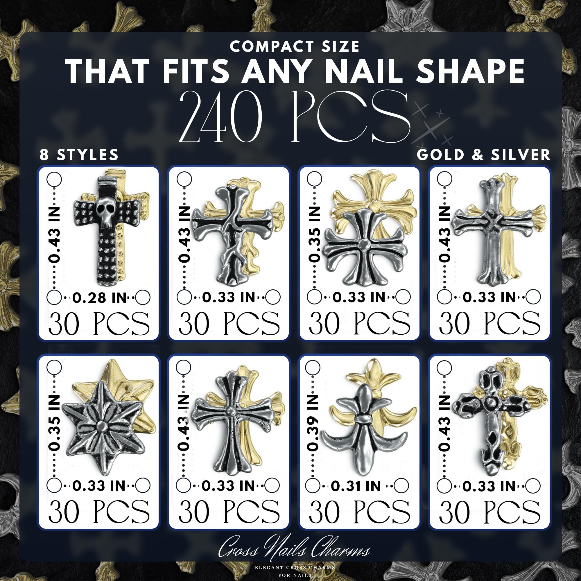 ZOKLU cross charms with 3D metallic finish add depth to nail art.
