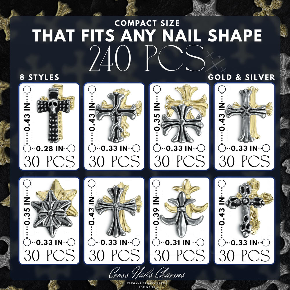 ZOKLU cross charms with 3D metallic finish add depth to nail art.