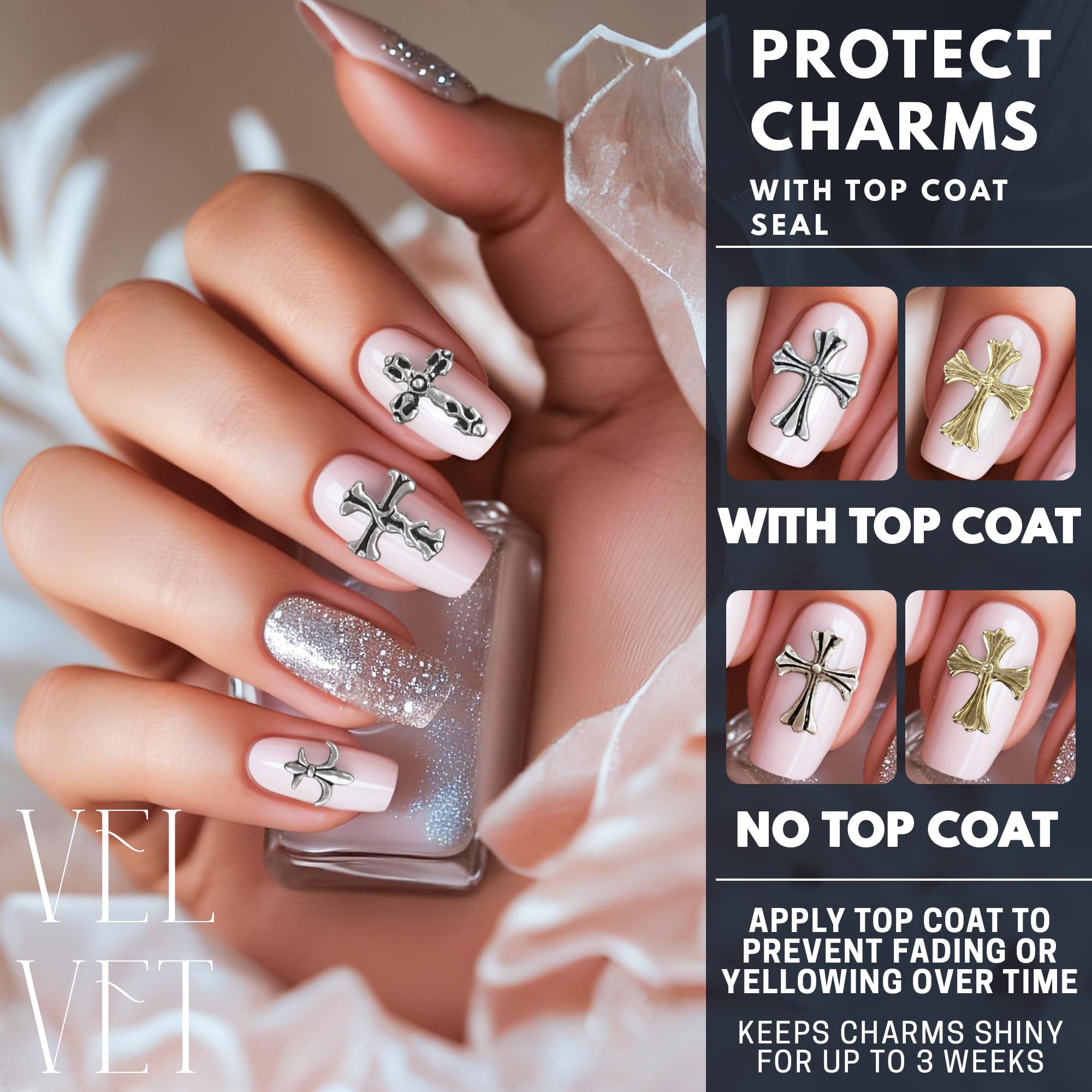 ZOKLU holiday nails with cross charms evoke festive, refined Christmas sparkle.