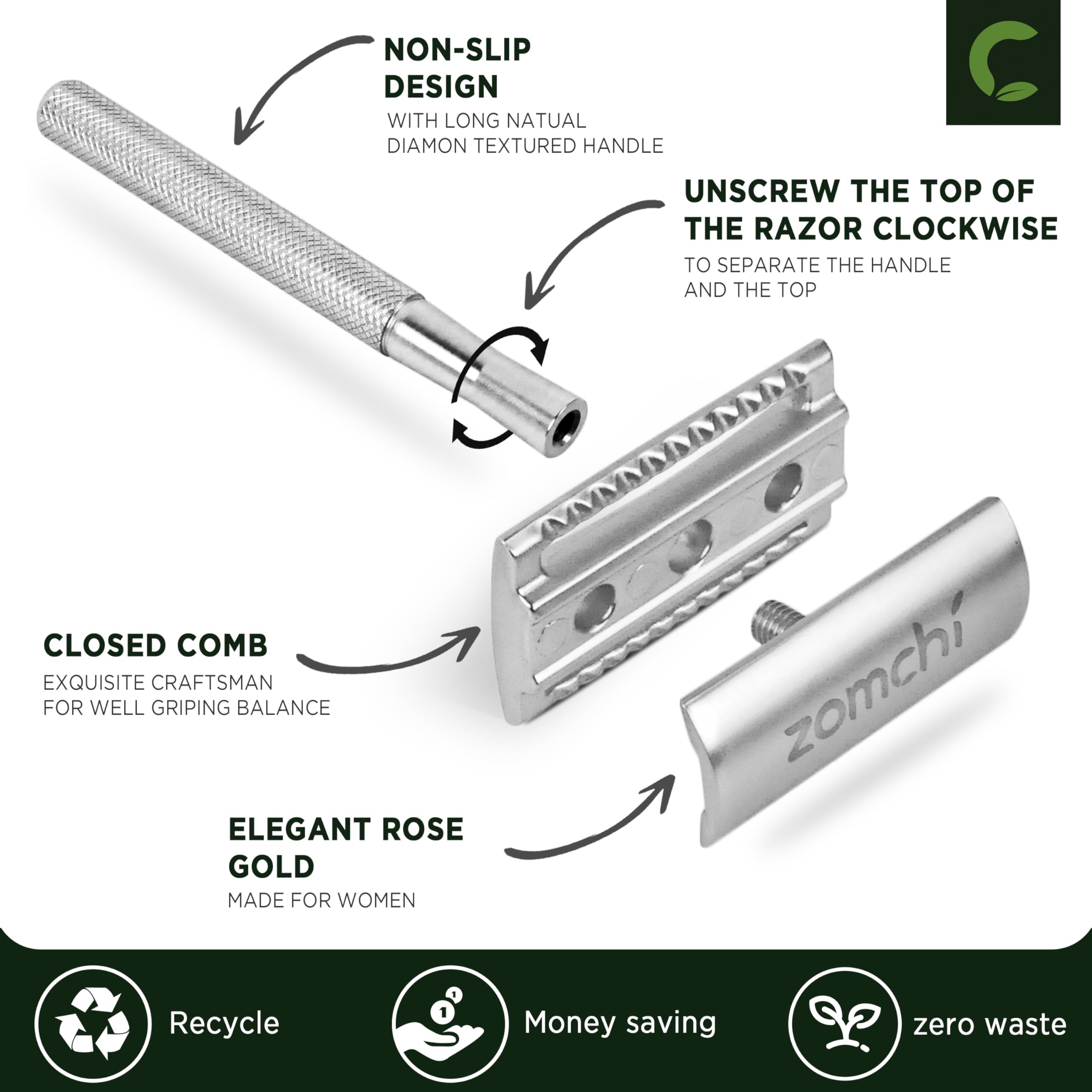 ZOMCHI five blades packaged demonstrates durable stainless steel blades for long-lasting sharpness.