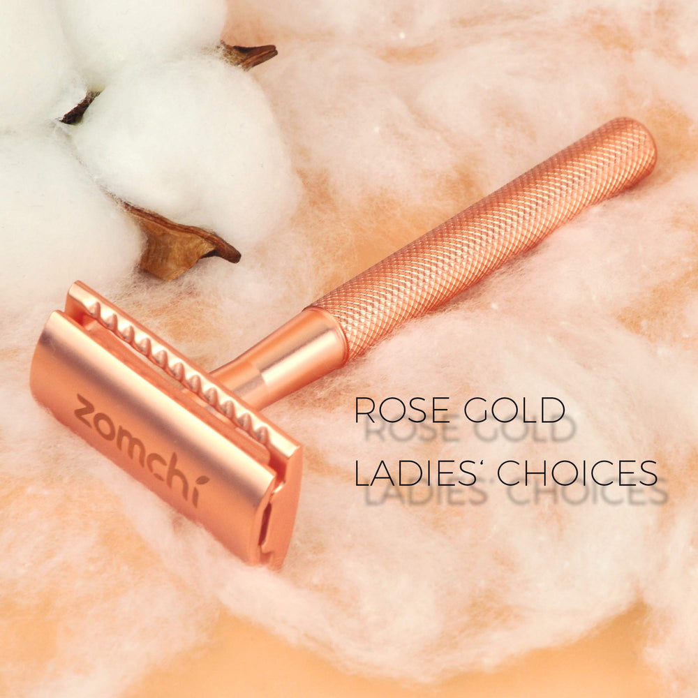 ZOMCHI rose gold metal razor delivers a closer shave with reusable blades