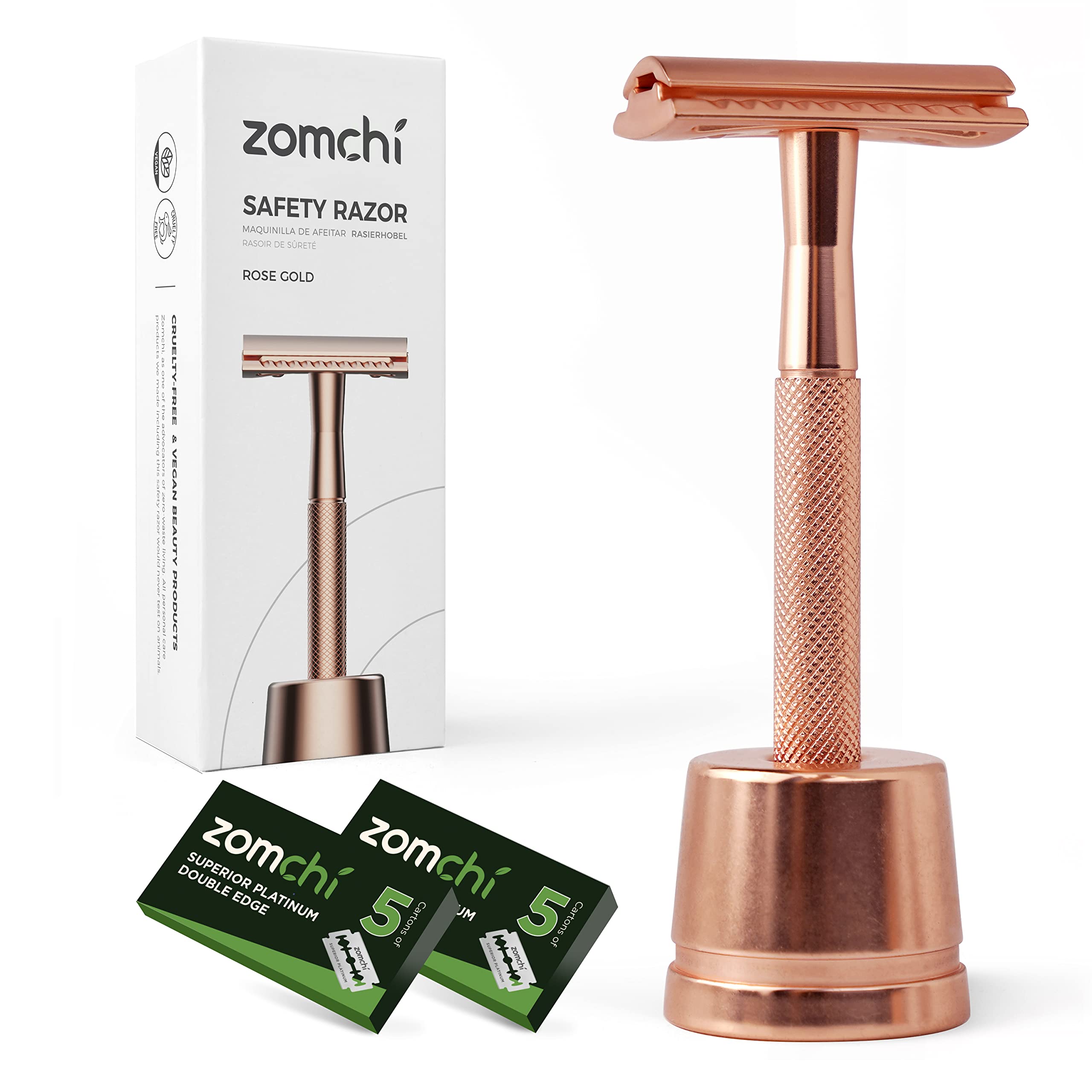 ZOMCHI rose gold safety razor front view for a precise, close shave