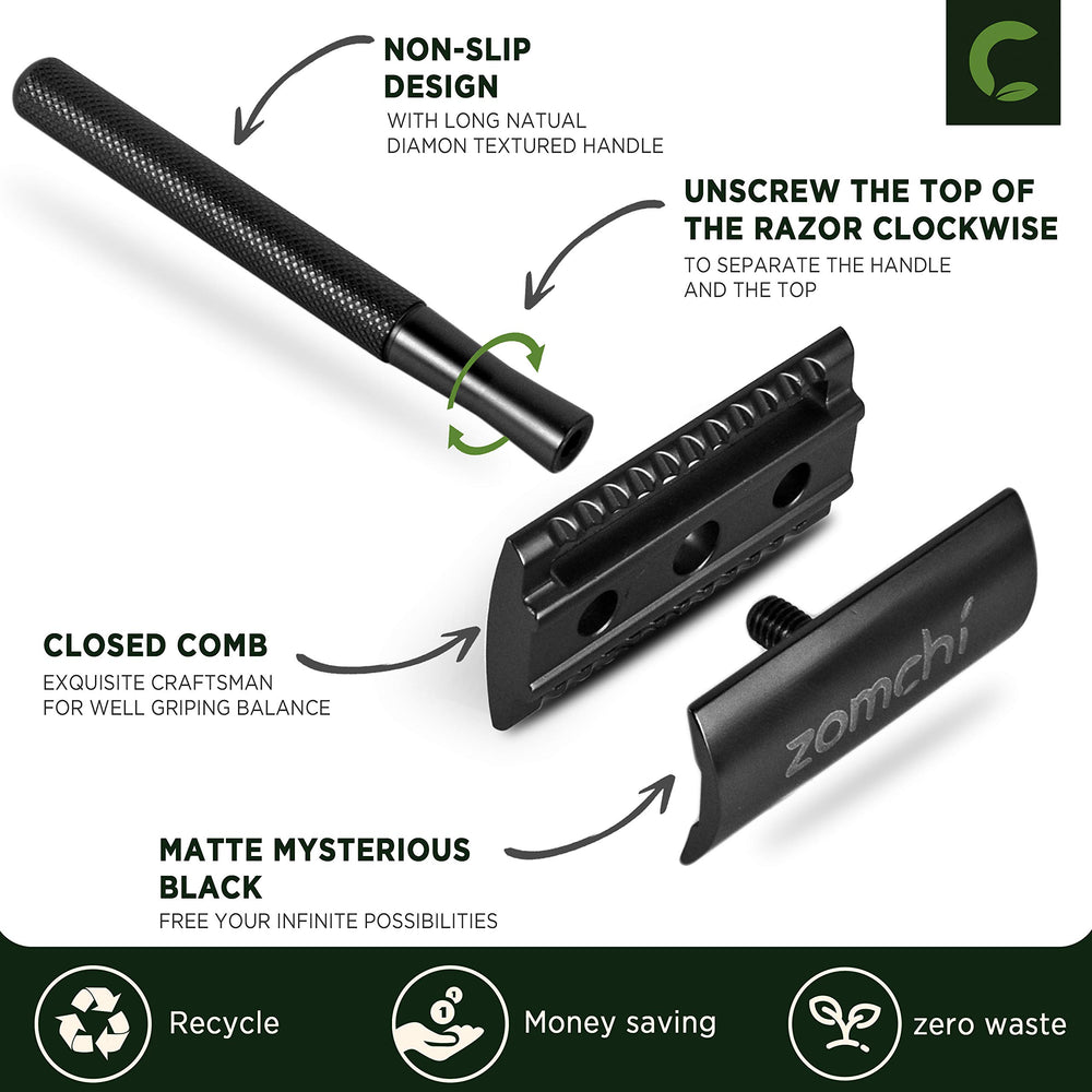 ZOMCHI safety razor five blades wrapped demonstrates safe, hygienic blade handling.