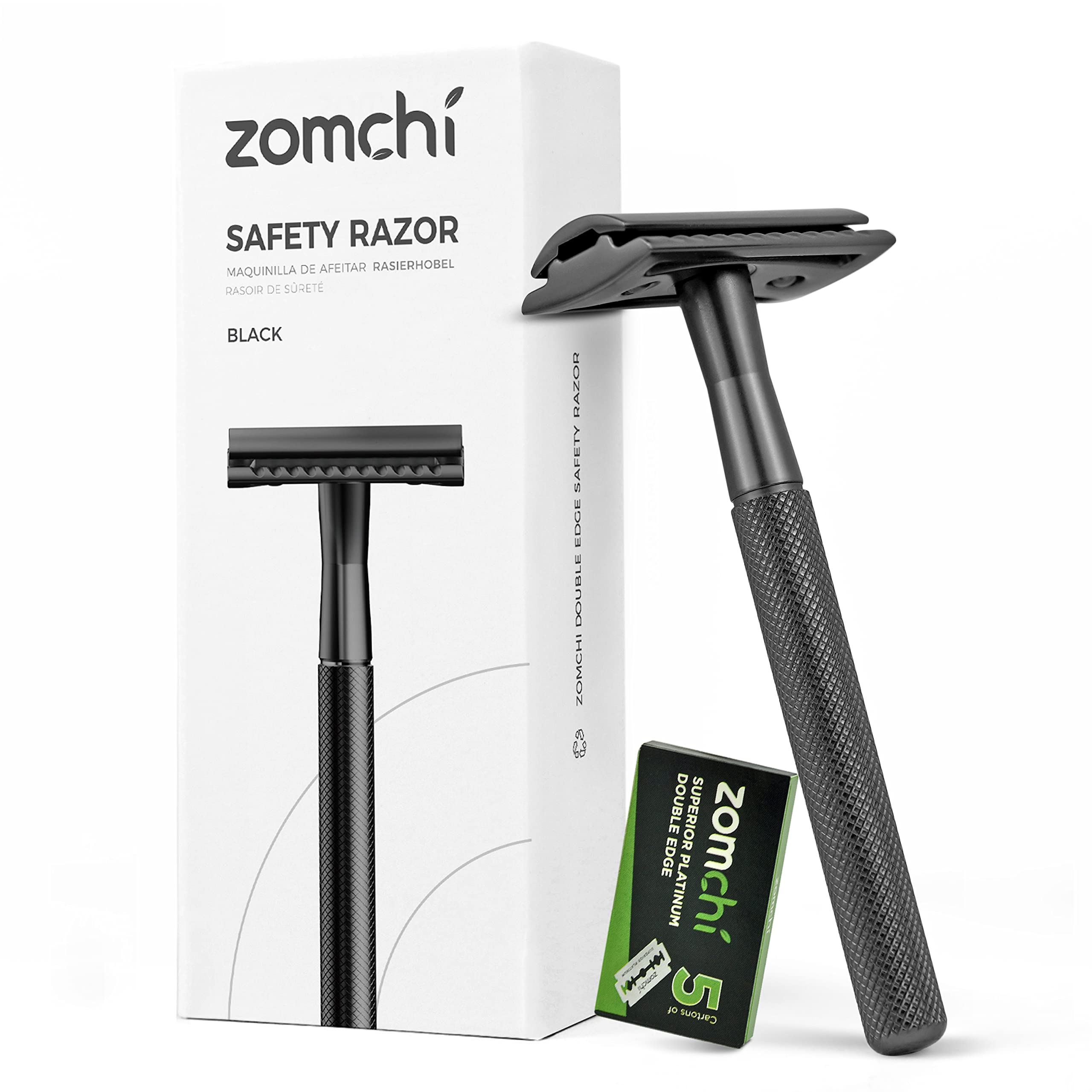 ZOMCHI safety razor black-handle closeup shows durable metal build for lasting shave.