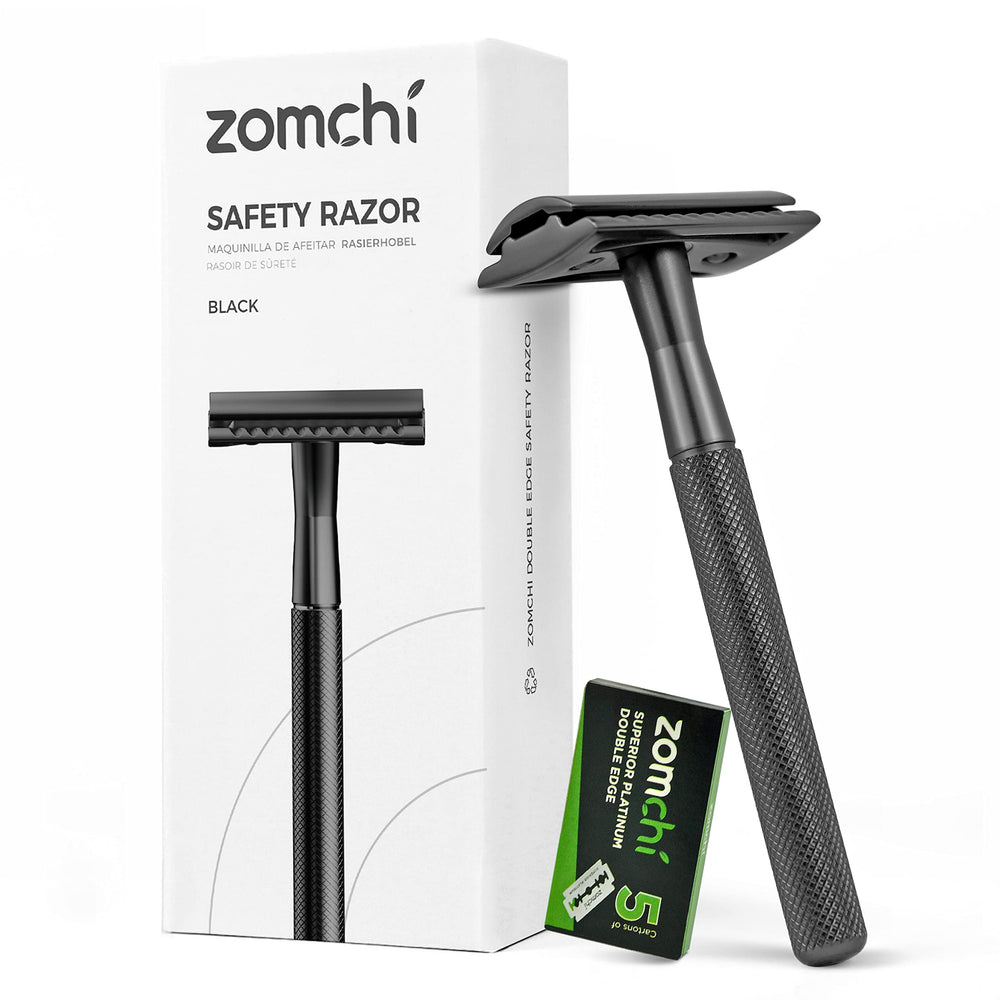 ZOMCHI safety razor black-handle closeup shows durable metal build for lasting shave.