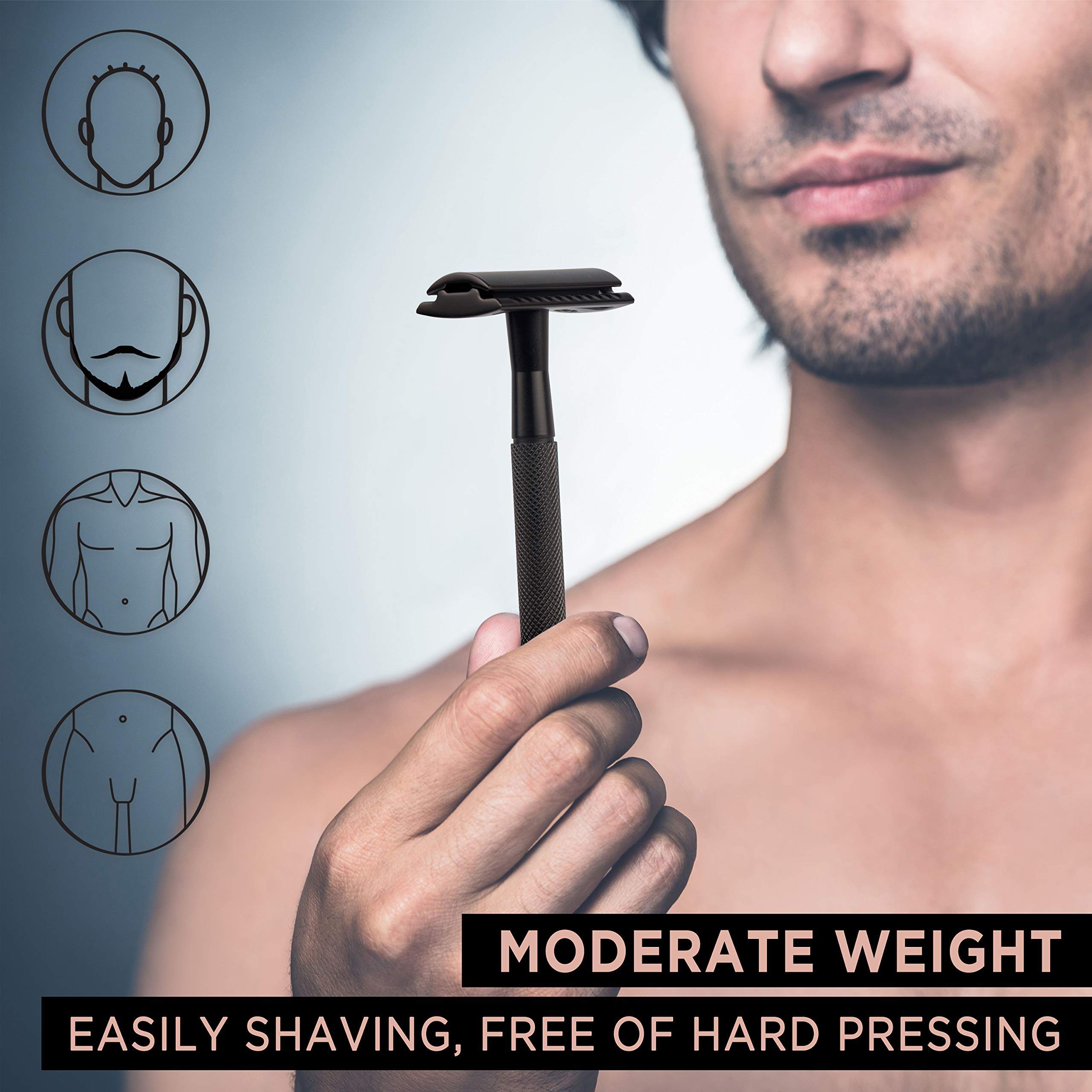 ZOMCHI double-edge blades close-up emphasizes versatile shaving angles.