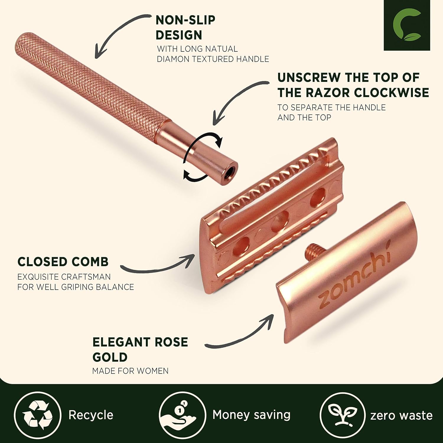 ZOMCHI safety razor head close-up shows precise alignment for a clean shave.