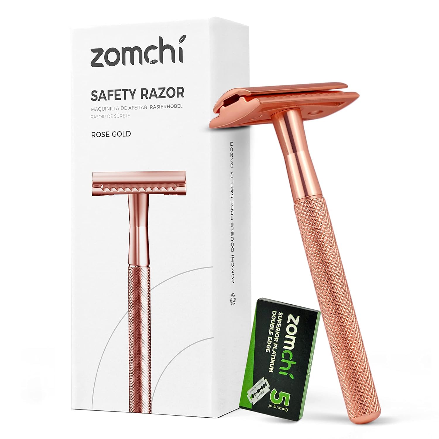 ZOMCHI safety razor rose-gold handle offers a durable, precise shave.