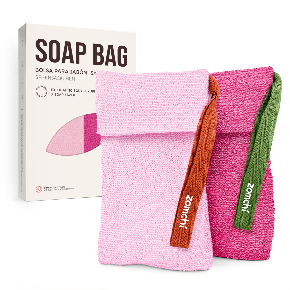 ZOMCHI soap bags pink set front view shows dual exfoliating pouches for versatile cleansing