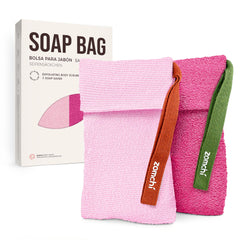 ZOMCHI soap bags pink set front view shows dual exfoliating pouches for versatile cleansing