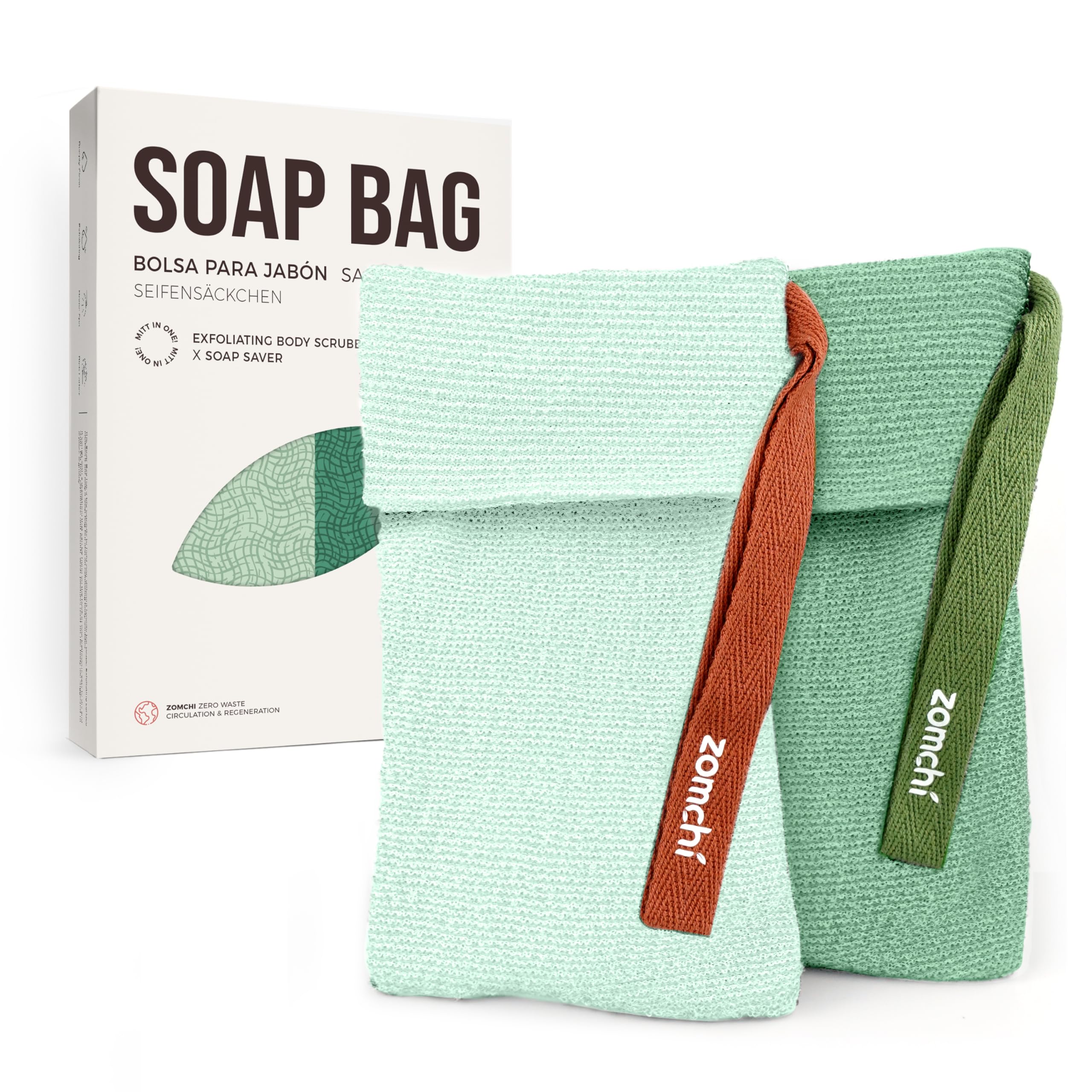 ZOMCHI soap saver rough bag mint for vigorous exfoliation on dry skin.