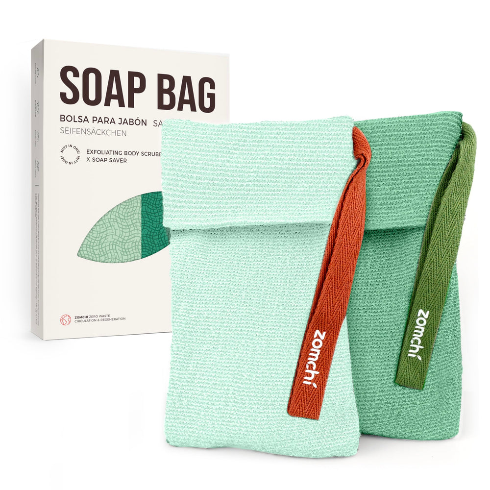 ZOMCHI soap saver rough bag mint for vigorous exfoliation on dry skin.