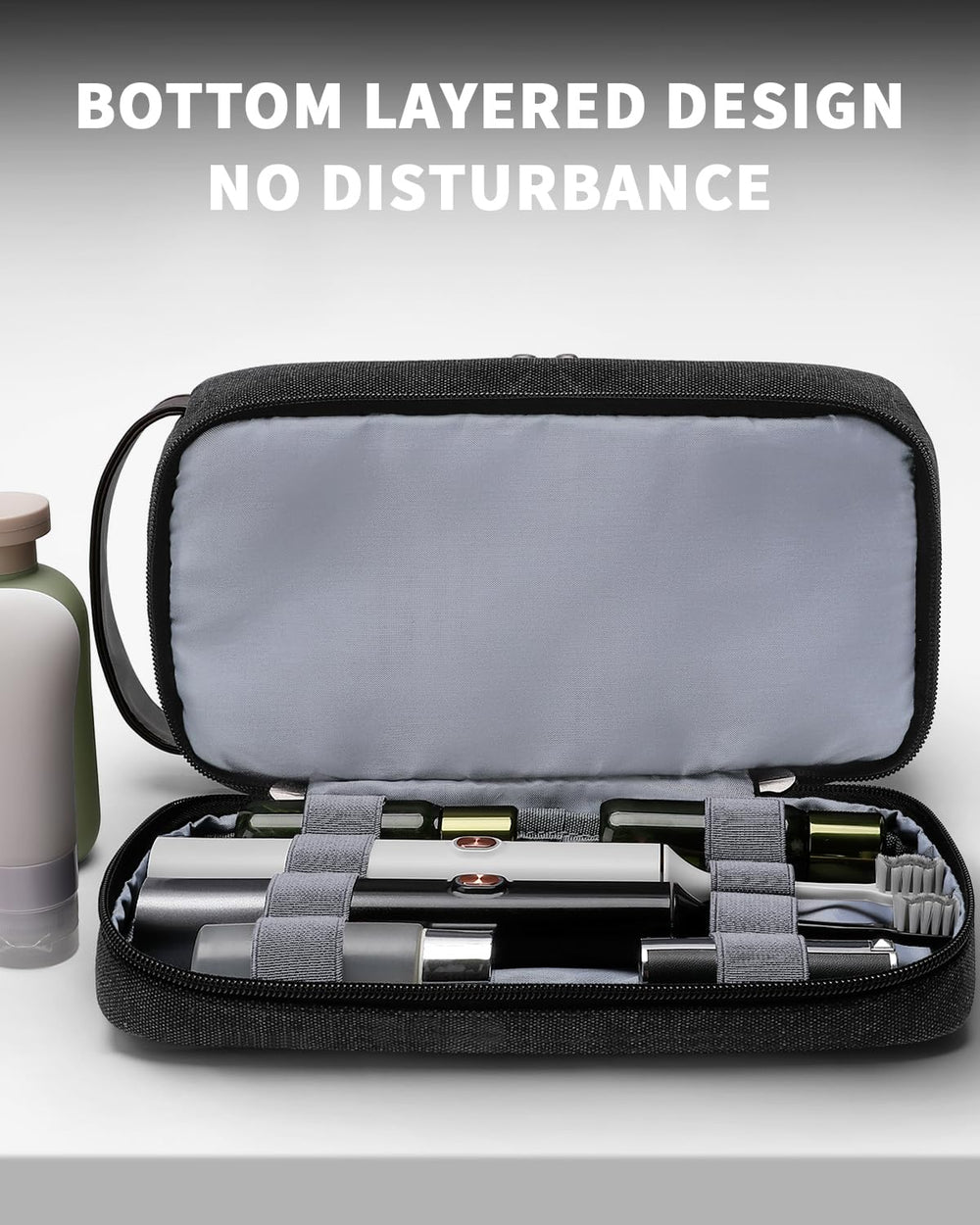 ZOMFELT toiletry bag bottom layer keeps toothbrush and razor upright, mess-free