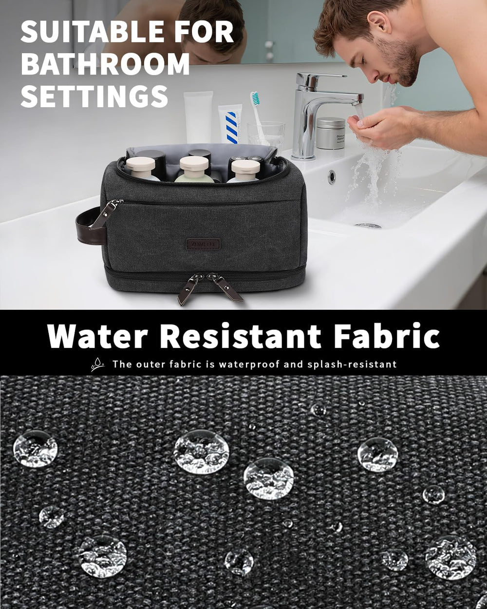 ZOMFELT toiletry bag double-zipper offers quick access to essentials