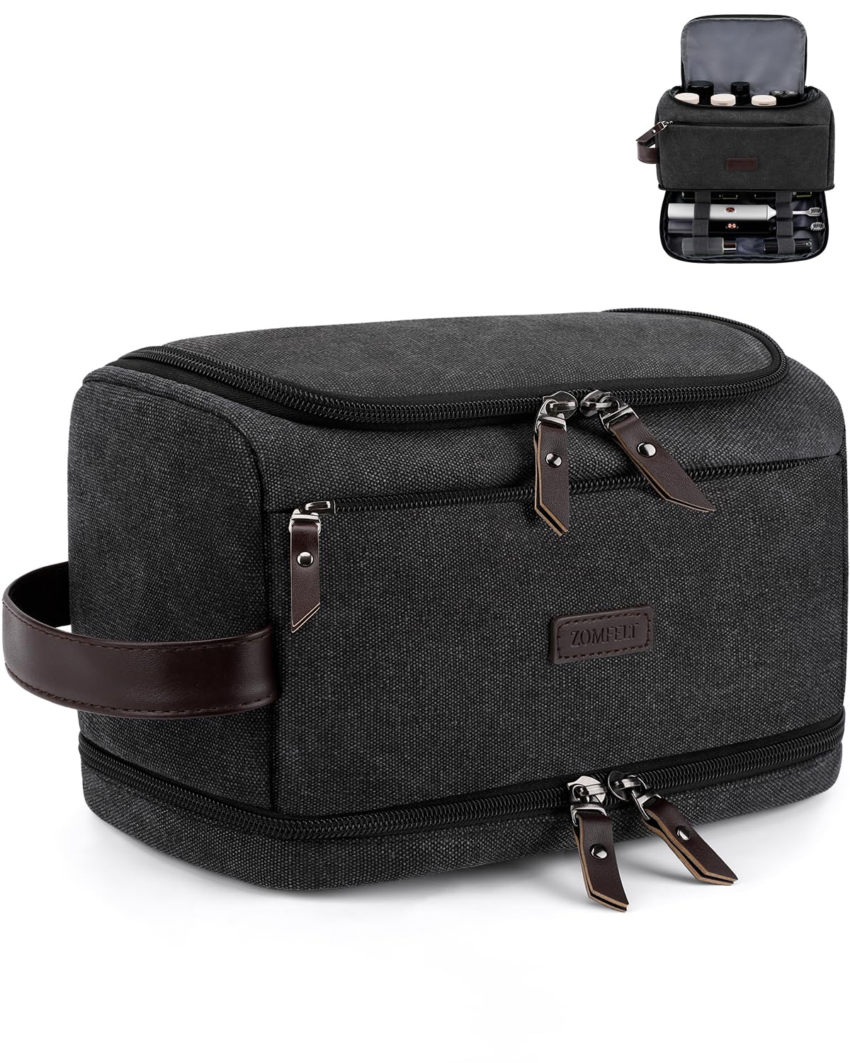 ZOMFELT toiletry bag top view shows organized compartments for quick access