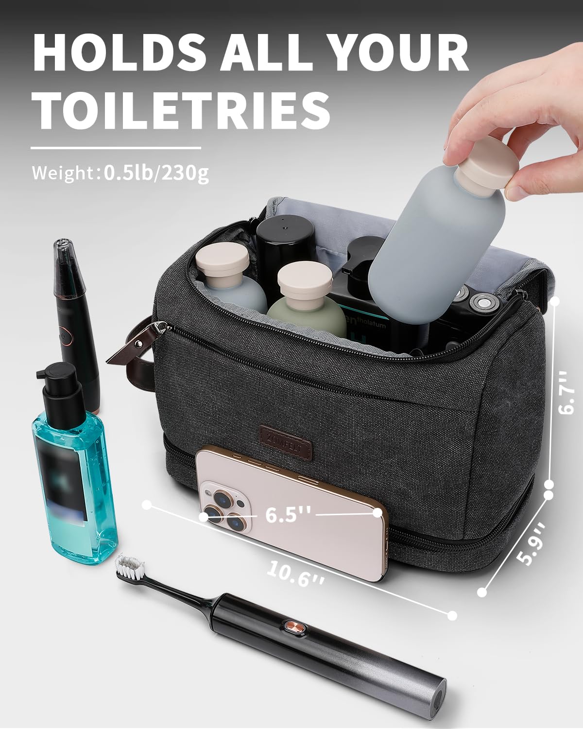 ZOMFELT toiletry bag water-resistant canvas shields contents from splashes in damp hotel bathrooms