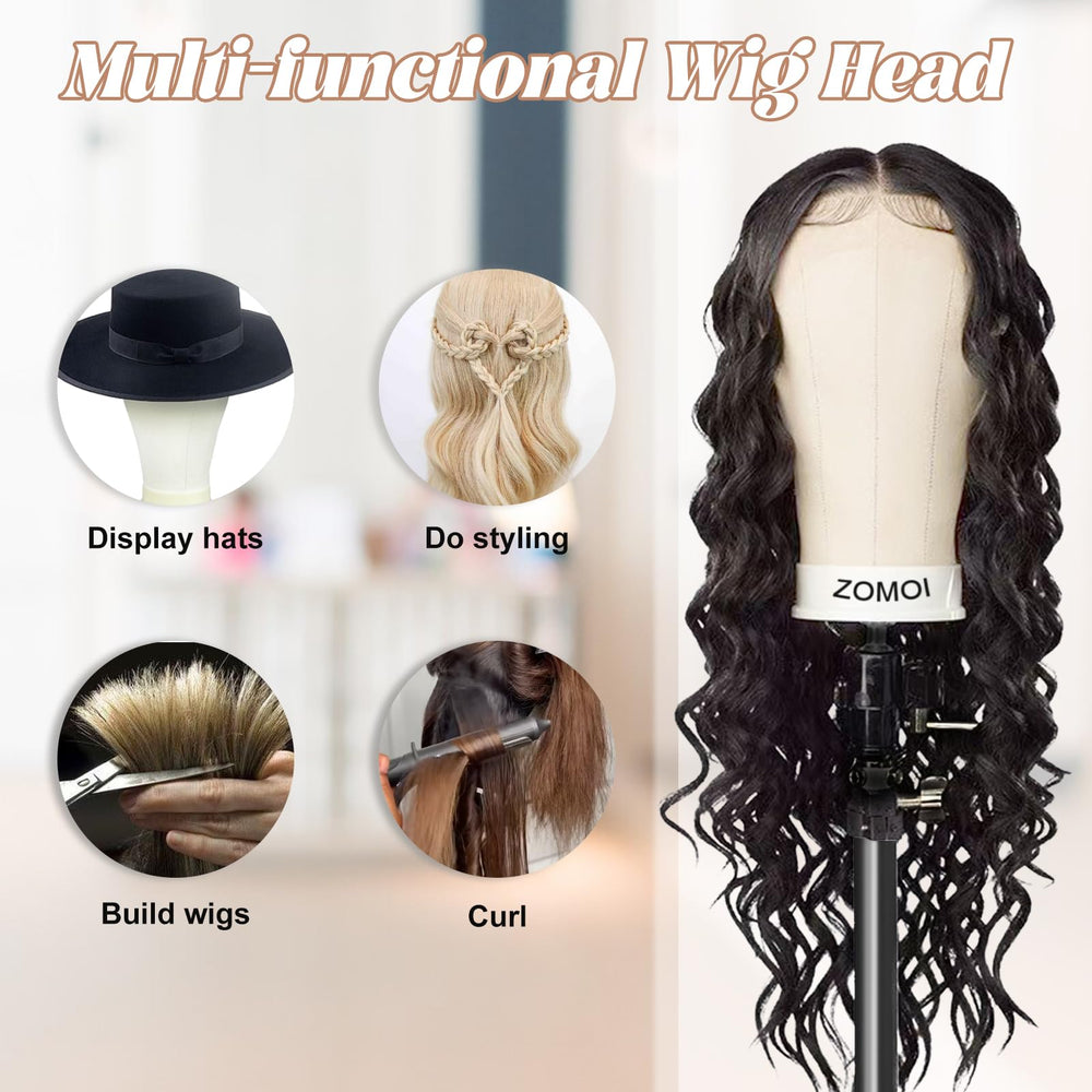 ZOMOI head clamp stand secures wig head for precise fitting and adjustments.